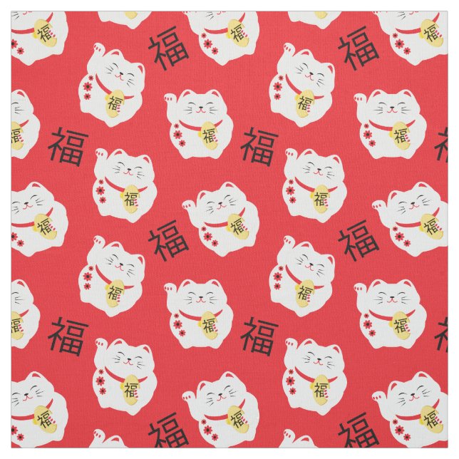 Tissu Symbole japonais chinois Maneki Neko Chat chanceux (Échantillon)