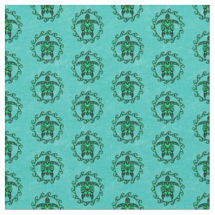 Tissu Symbole Soleil Noir Vert Maori Tortues tribales