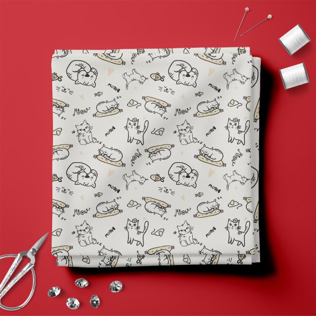 Tissu Tan et blanc 😼 mignonne illustration de chats (Tan and White 😼 Cute Cat Illustrations Fabric 
)