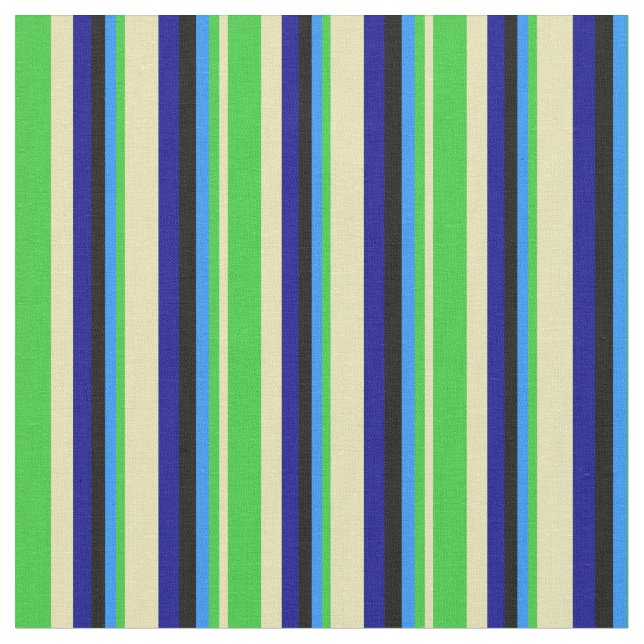 Tissu Tan, Vert citron, Bleu, Noir & Bleu foncé Lignes (Fermer)