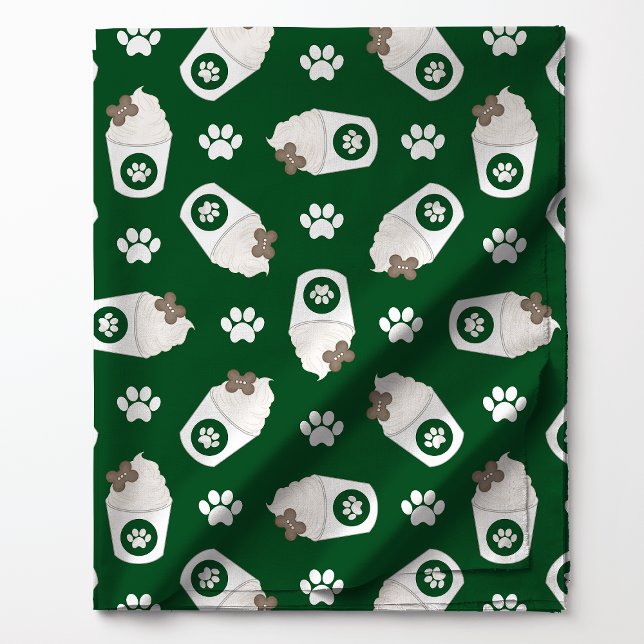 Tissu Tasse de chiot et pattes sur fond vert (Créateur téléchargé)