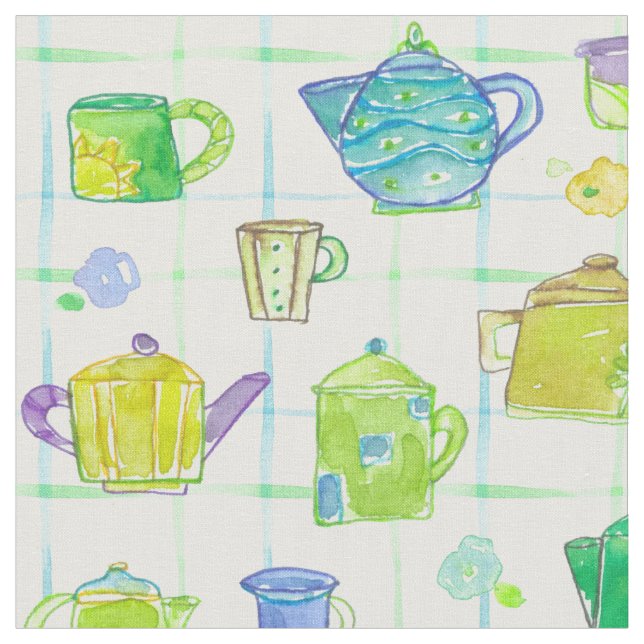 Tissu Teapots Teacups Fleurs d'aquarelle (Fermer)