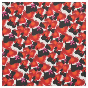 Tissu Térrier écossais noir, coeurs, noeud rouge/rose