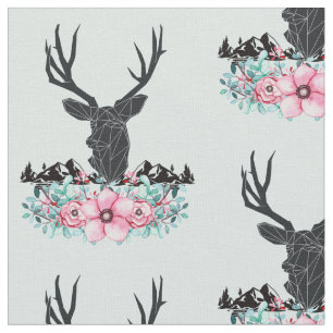 Tissu Tête de cerf noir avec Fleurs et Montagnes roses