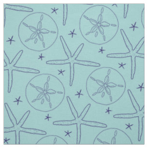Tissu Thème de plage Teal, étoile de mer Navy, dollar de