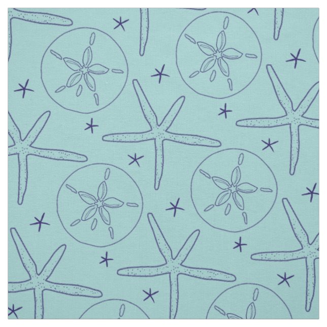 Tissu Thème de plage Teal, étoile de mer Navy, dollar de (Échantillon)