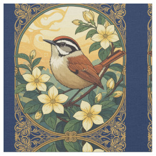 Tissu Thryothorus Bird Parmi Les Fleurs Jaunes De Jasmin