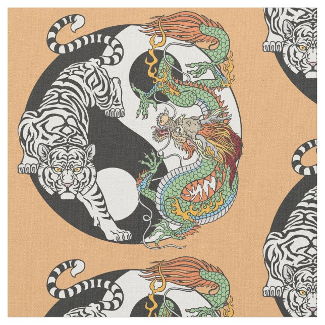 Tissu Tigre blanc contre dragon vert au Yin yang (Fermer)