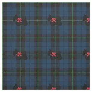 Tissu Toile bleu plaid avec ruban vert rayé