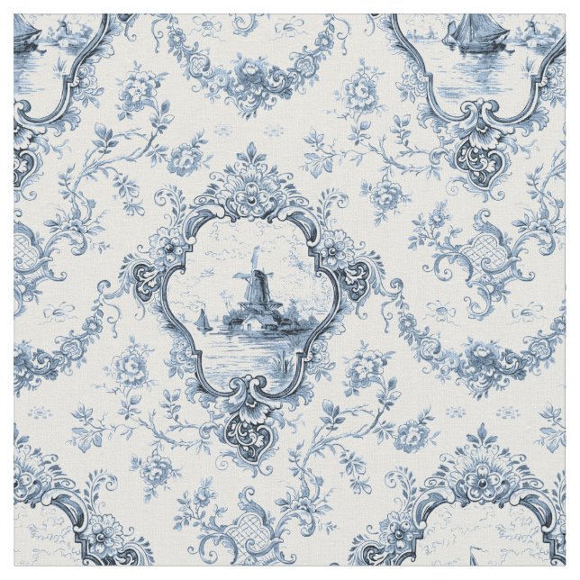 Tissu Toile florale gravée avec moulin à vent et bateaux (Fermer)