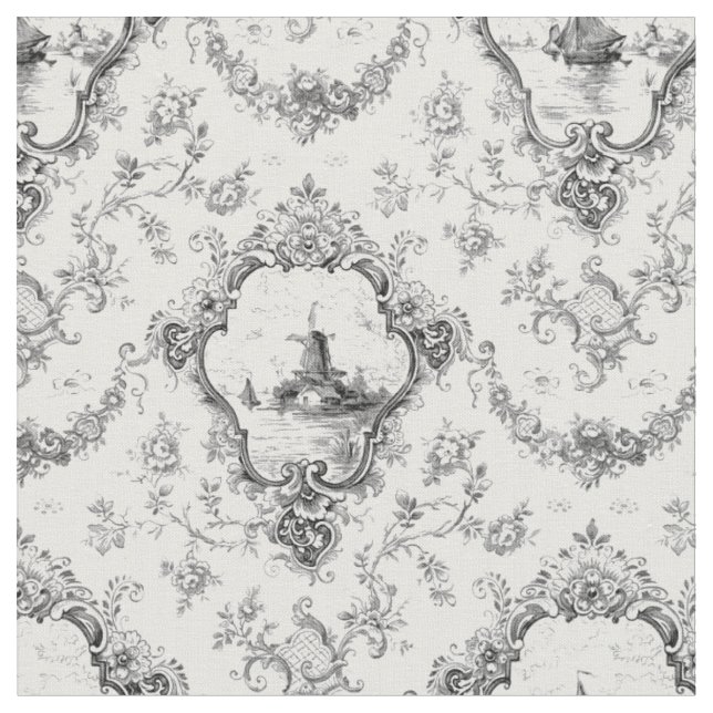 Tissu Toile florale gravée avec moulin à vent et bateaux (Fermer)