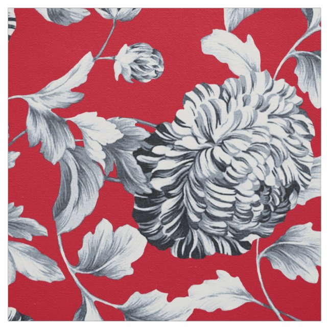 Tissu Toile florale gris argent rouge (Échantillon)