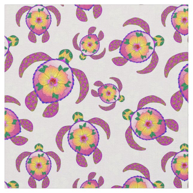 Tissu Tortues de Honu rose Hibiscus Fleurs (Fermer)