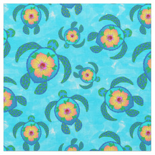 Tissu Tortues de mer de Honu bleu Hibiscus Fleurs