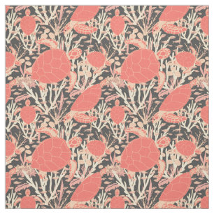 Tissu Tortues de mer roses de corail sur Gris de charbon