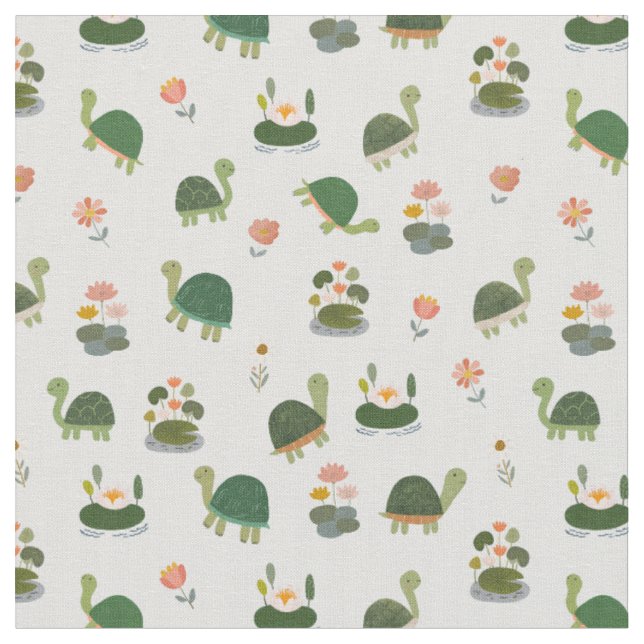 Tissu Tortues et nénuphars sur fond blanc cassé (Fermer)