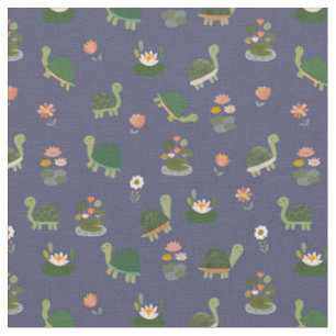 Tissu Tortues & nénuphars sur fond bleu foncé