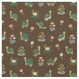 Tissu Tortues & nénuphars sur fond brun foncé