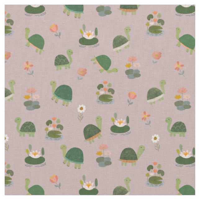 Tissu Tortues & Nénuphars sur Gris-Rose Clair (Fermer)