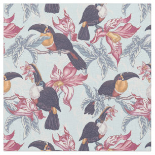 Tissu Toucans avec les fleurs exotiques