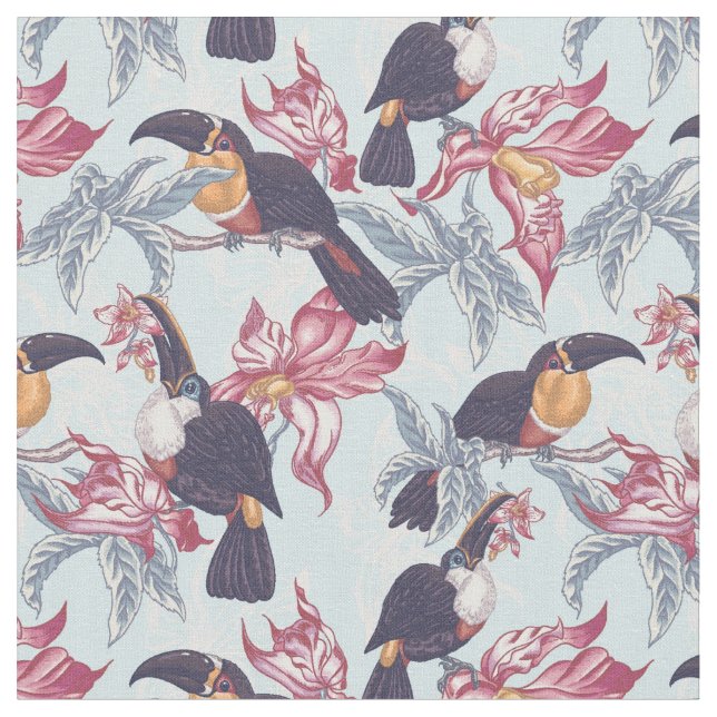 Tissu Toucans avec les fleurs exotiques (Fermer)