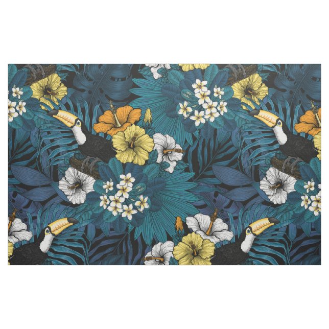 Tissu Toucans et flore tropicale, bleu, jaune, orange (Fat Quarter)