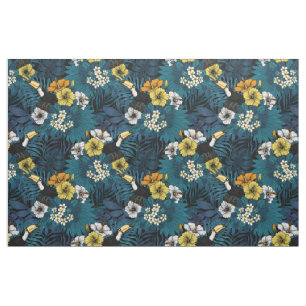 Tissu Toucans et flore tropicale, bleu, jaune, orange