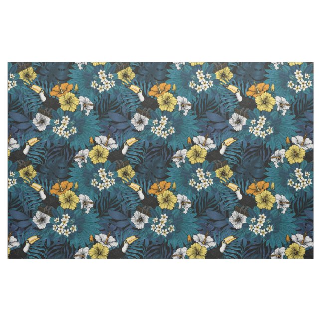 Tissu Toucans et flore tropicale, bleu, jaune, orange (Fat Quarter)