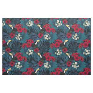 Tissu Toucans et flore tropicale, verte et rouge