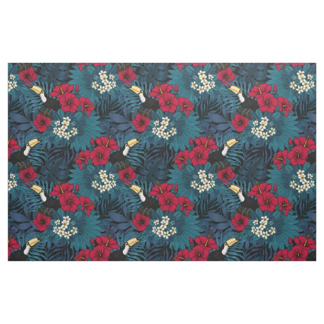 Tissu Toucans et flore tropicale, verte et rouge (Fat Quarter)