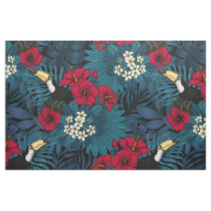 Tissu Toucans et flore tropicale, verte et rouge