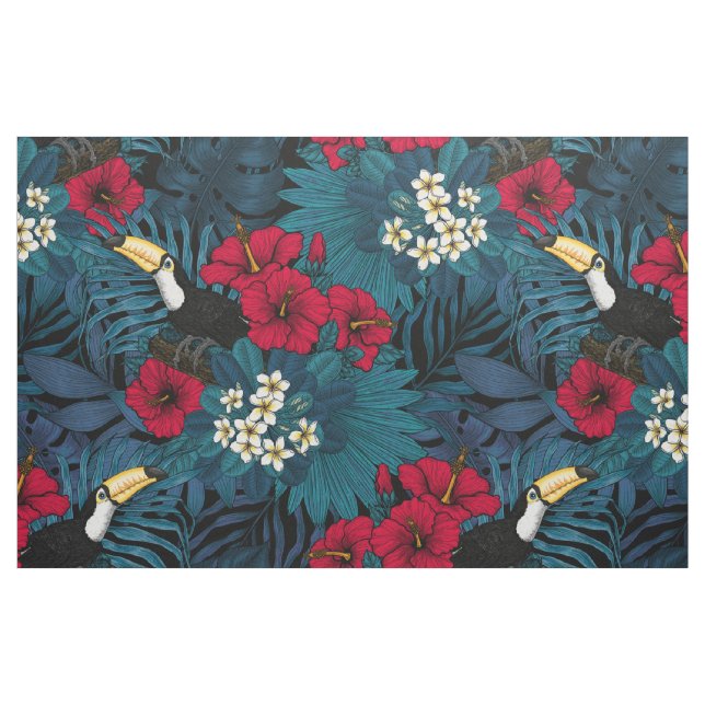 Tissu Toucans et flore tropicale, verte et rouge (Fat Quarter)