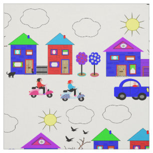 Tissu Toy Town Maisons colorées Fun Whimsy Patternes