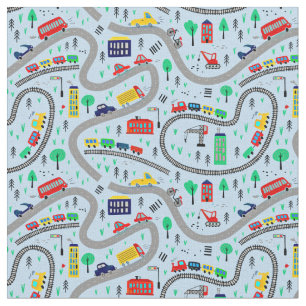 Tissu Trains Voitures Bus Road Chemin de fer Piste bleu 