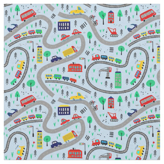 Tissu Trains Voitures Bus Road Chemin de fer Piste bleu  (Fermer)