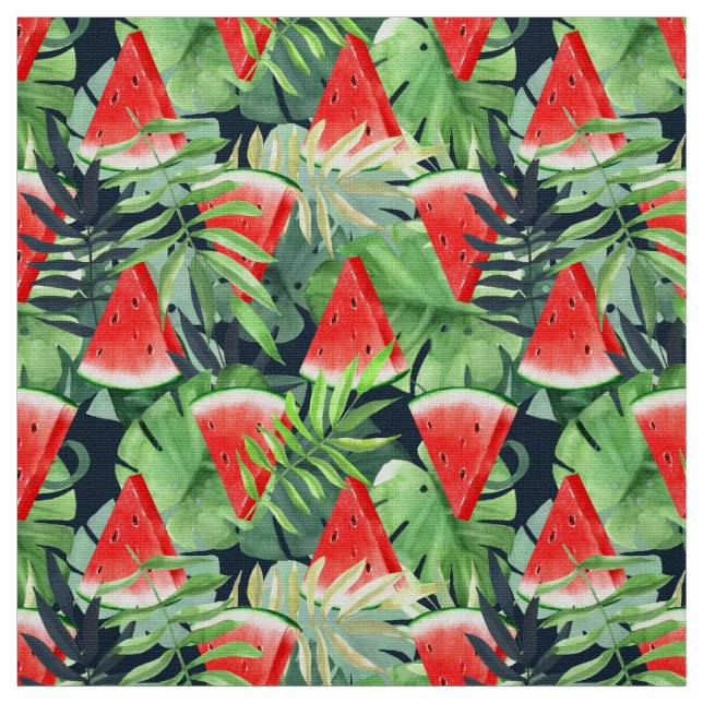 Tissu Tranches de pastèque avec feuilles tropicaux (Échantillon)