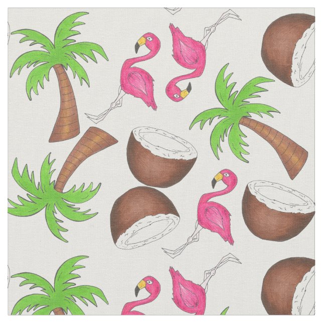 Tissu tropical (noix de coco, palmiers, Flamants r (Fermer)