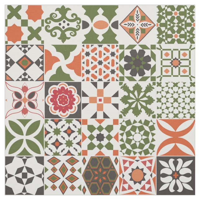 Tissu Tuiles marocaines - vert, noir, rouge (Échantillon)