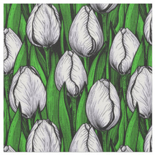Tissu Tulières blanches avec feuilles verts