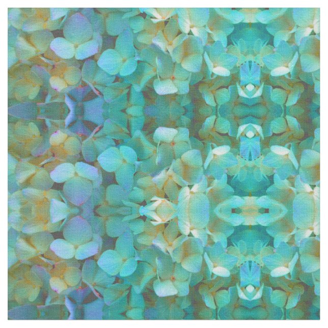 Tissu Turquoise bleu jaune rose hydrangée fleurs florale (Fermer)