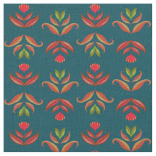 Tissu Turquoise Folk Art Floral Print Cosy Rustic Automn