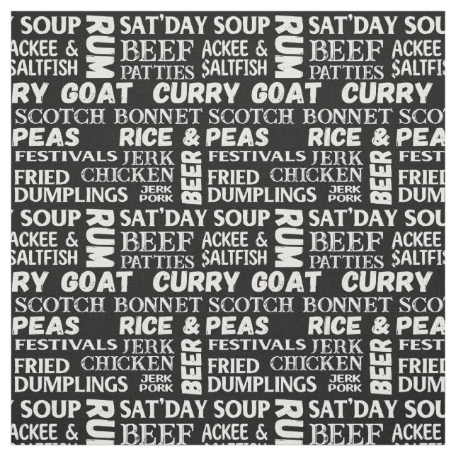 Tissu Typographie alimentaire jamaïcaine Motif noir et b (Échantillon)