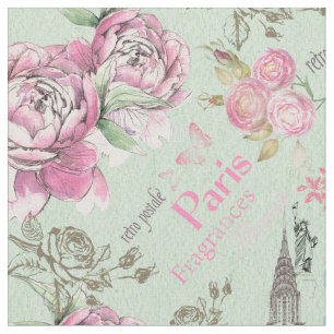 Tissu Typographie florale rose verte vintage de collage