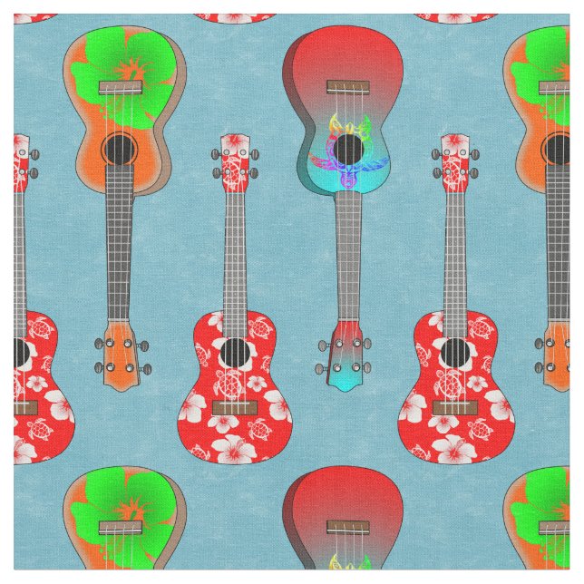 Tissu Ukuleles hawaïens sur bleu (Fermer)