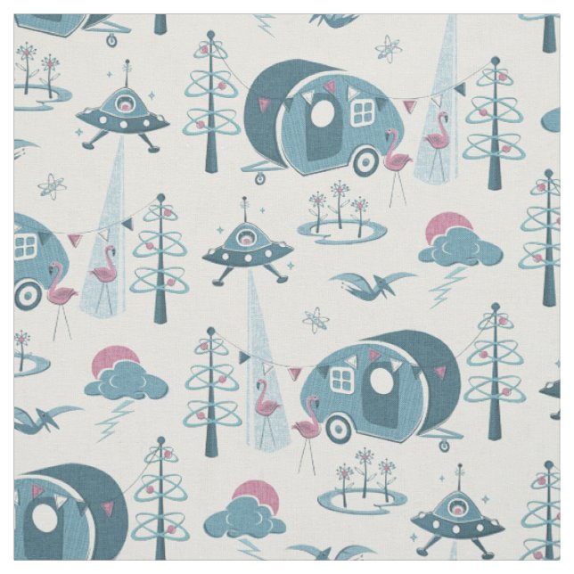 Tissu Une Invasion De Camping ! Bleu muet/rose (Échantillon)
