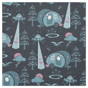 Tissu Une Invasion De Camping ! Nuit bleue/rose