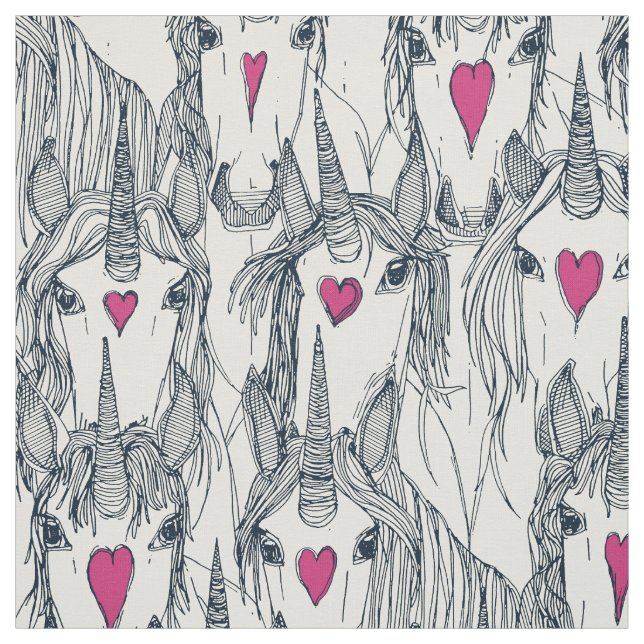 Tissu unicorne amour indigo rose perle (Échantillon)