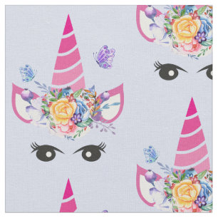 Tissu Unicorne rose avec couronne et papillons floraux