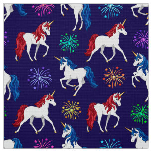 Tissu Unicornes Bleues Blancs Patriotique Américain
