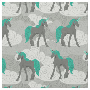 Tissu Unicornes et nuages gris et Turquoises